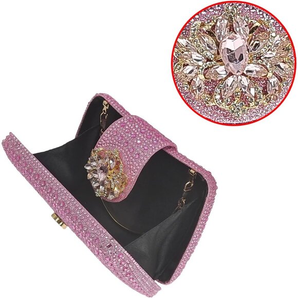 Women's Pink Sparkly Rhinestone Unique Evening Floral Clutch Shoulder Handbag - Picture 3 of 6